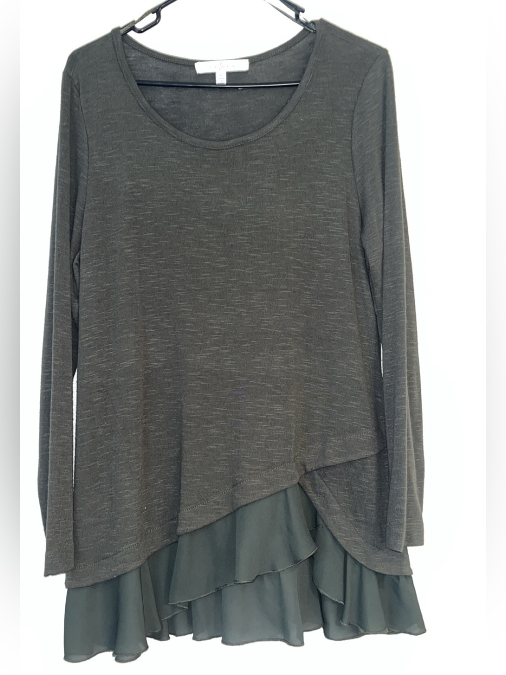 Fever Olive Layered Hem Long-Sleeve Top